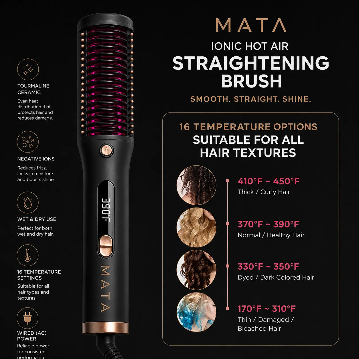 MATA Ionic Hot Air Straightening Brush | Tourmaline Ceramic Hair Straightener for Wet & Dry Hair