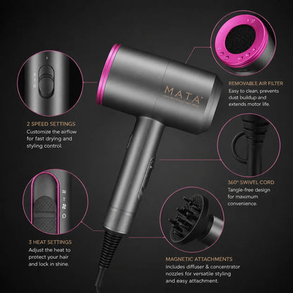 MATA Professional Ionic Hair Dryer | 1400W Fast Drying Blow Dryer with Diffuser & Concentrator Nozzles
