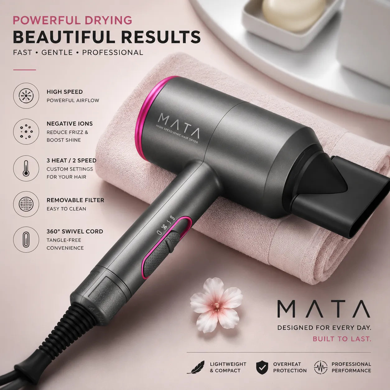 MATA Professional Ionic Hair Dryer | 1400W Fast Drying Blow Dryer with Diffuser & Concentrator Nozzles