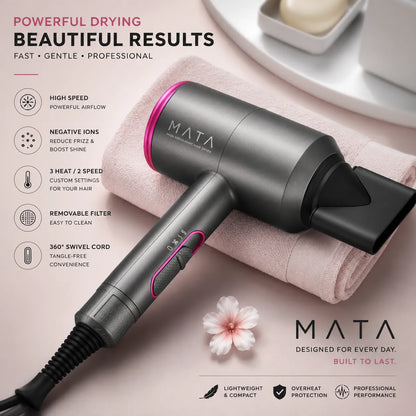 MATA Professional Ionic Hair Dryer | 1400W Fast Drying Blow Dryer with Diffuser & Concentrator Nozzles