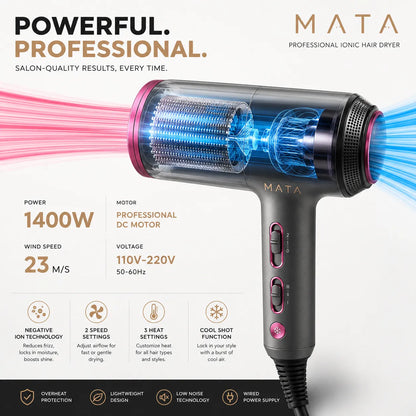 MATA Professional Ionic Hair Dryer | 1400W Fast Drying Blow Dryer with Diffuser & Concentrator Nozzles