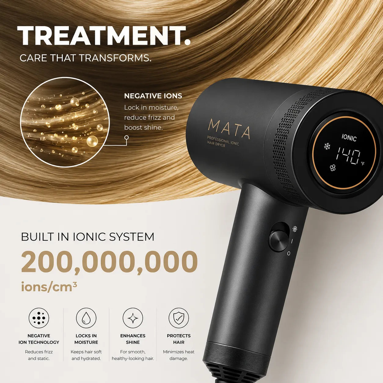 MATA Professional Ionic Hair Dryer | 1400W Fast Drying Blow Dryer with Diffuser & Concentrator Nozzles