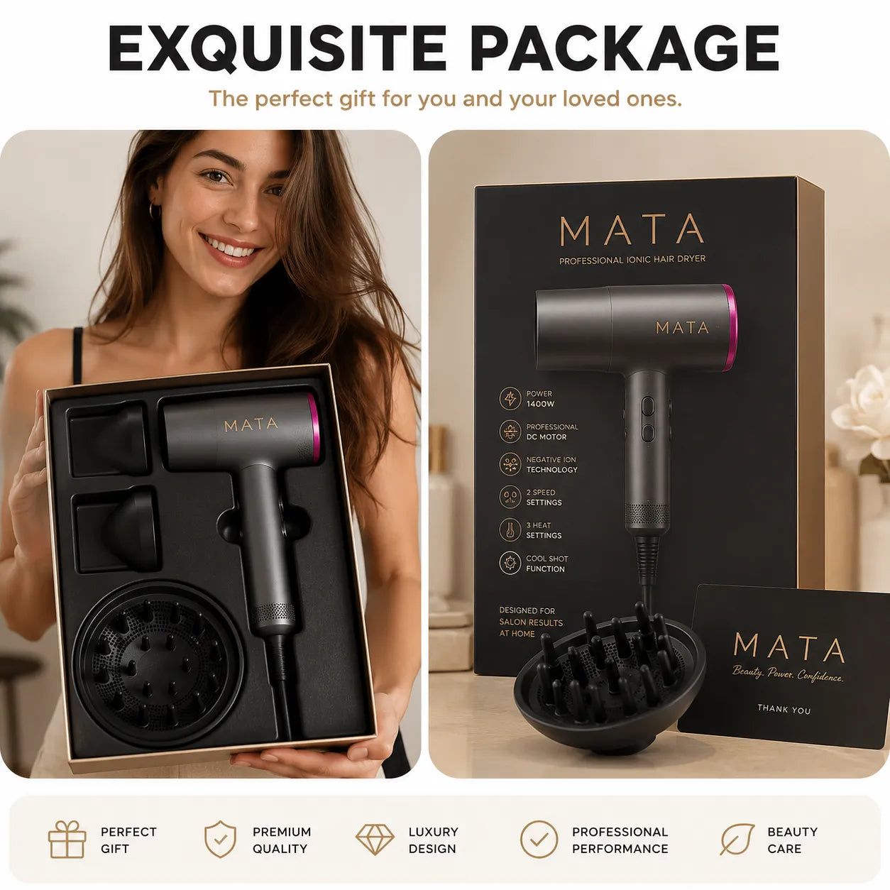 MATA Professional Ionic Hair Dryer | 1400W Fast Drying Blow Dryer with Diffuser & Concentrator Nozzles