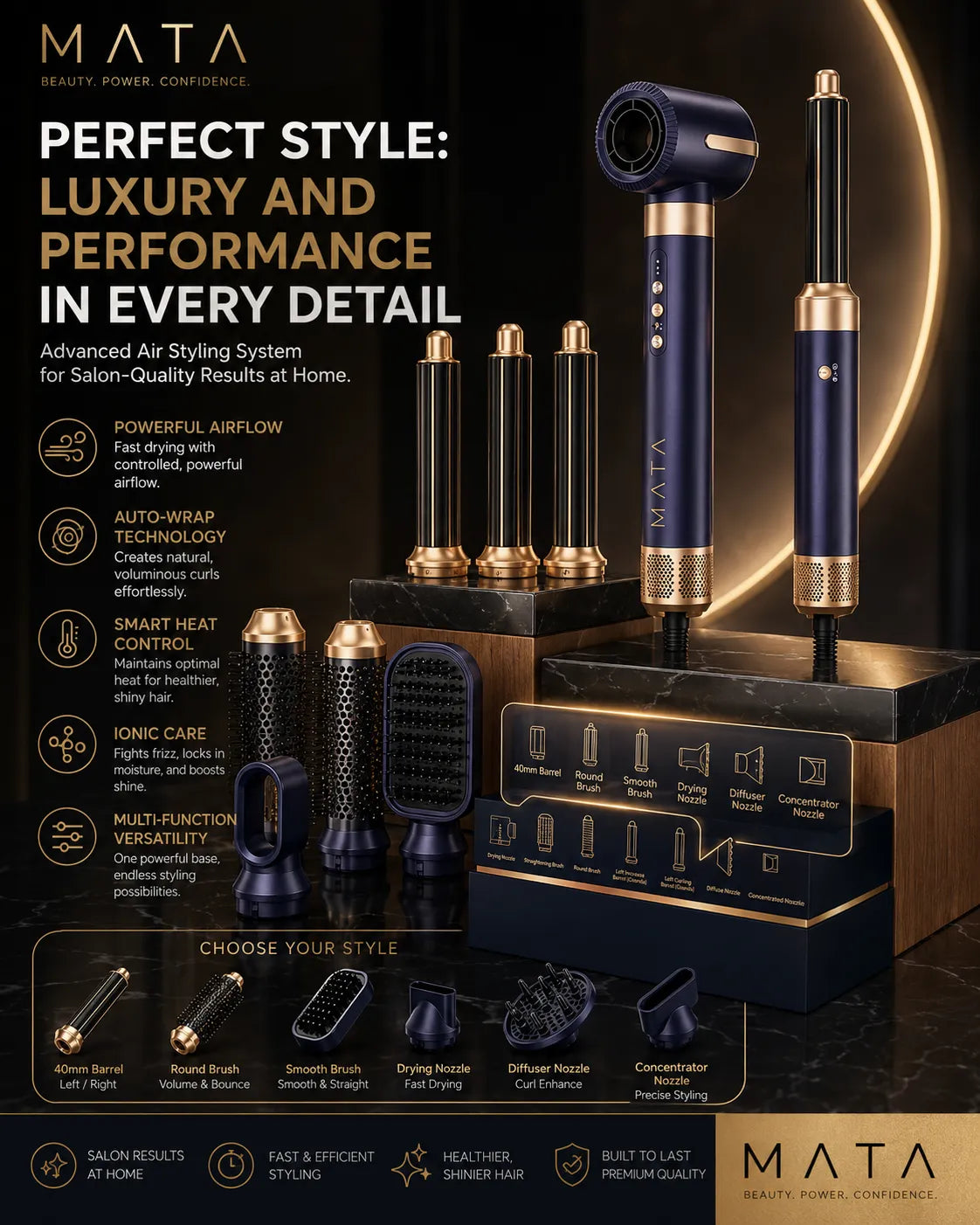 MATA 7-in-1 High-Speed Ionic Hair Dryer & Air Styler | Negative Ion Hair Styling Tool