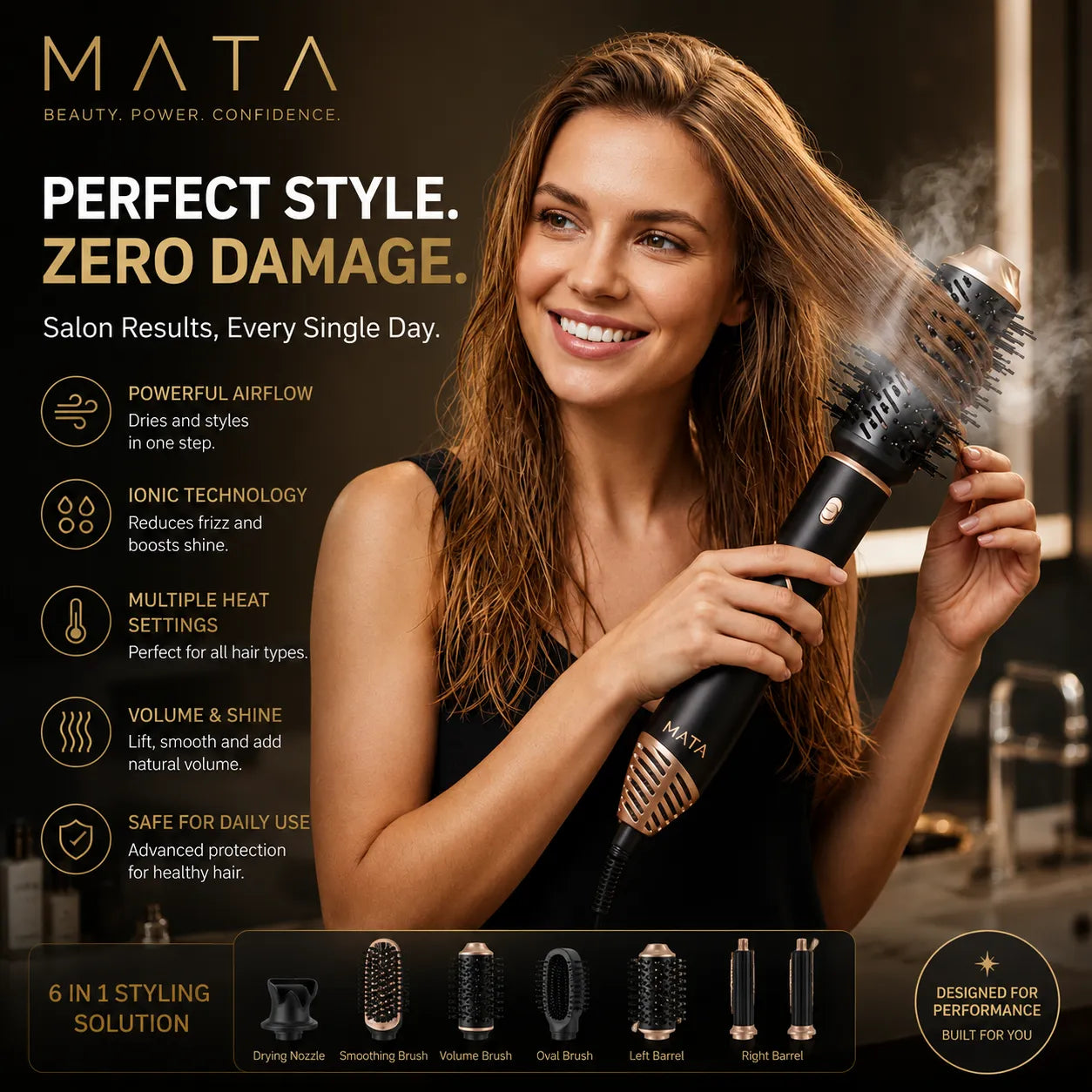 MATA 6-in-1 High-Speed Ionic Hair Dryer & Air Styler | Fast Drying Blow Dryer Brush with Hot & Cold Air