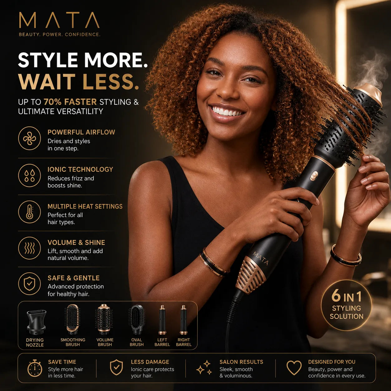 MATA 6-in-1 High-Speed Ionic Hair Dryer & Air Styler | Fast Drying Blow Dryer Brush with Hot & Cold Air