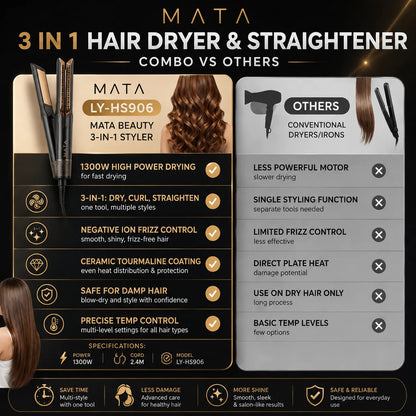 MATA 3-in-1 Hair Dryer Brush | Hot Air Styler, Hair Straightener & Curling Comb