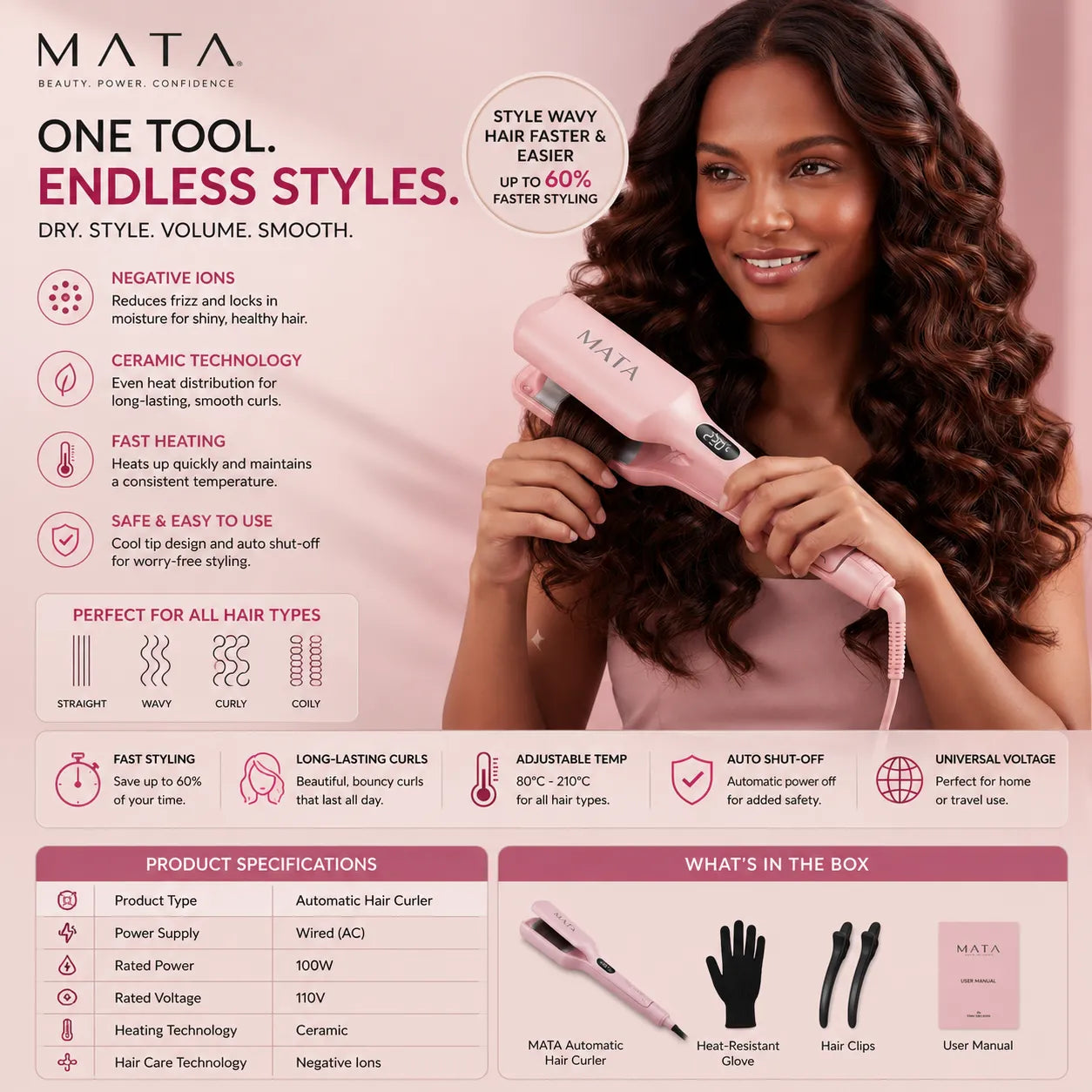 MATA Automatic Negative Ion Hair Curler | Ceramic Curling Iron for Long-Lasting Waves & Curls