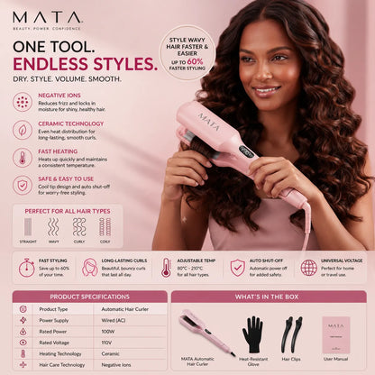 MATA Automatic Negative Ion Hair Curler | Ceramic Curling Iron for Long-Lasting Waves & Curls