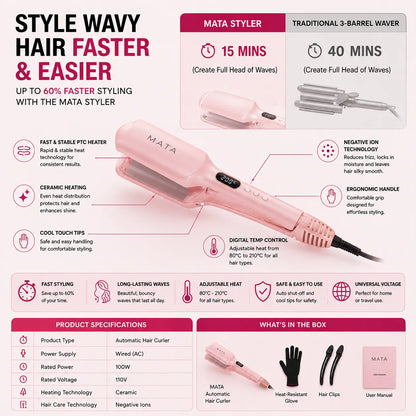 MATA Automatic Negative Ion Hair Curler | Ceramic Curling Iron for Long-Lasting Waves & Curls