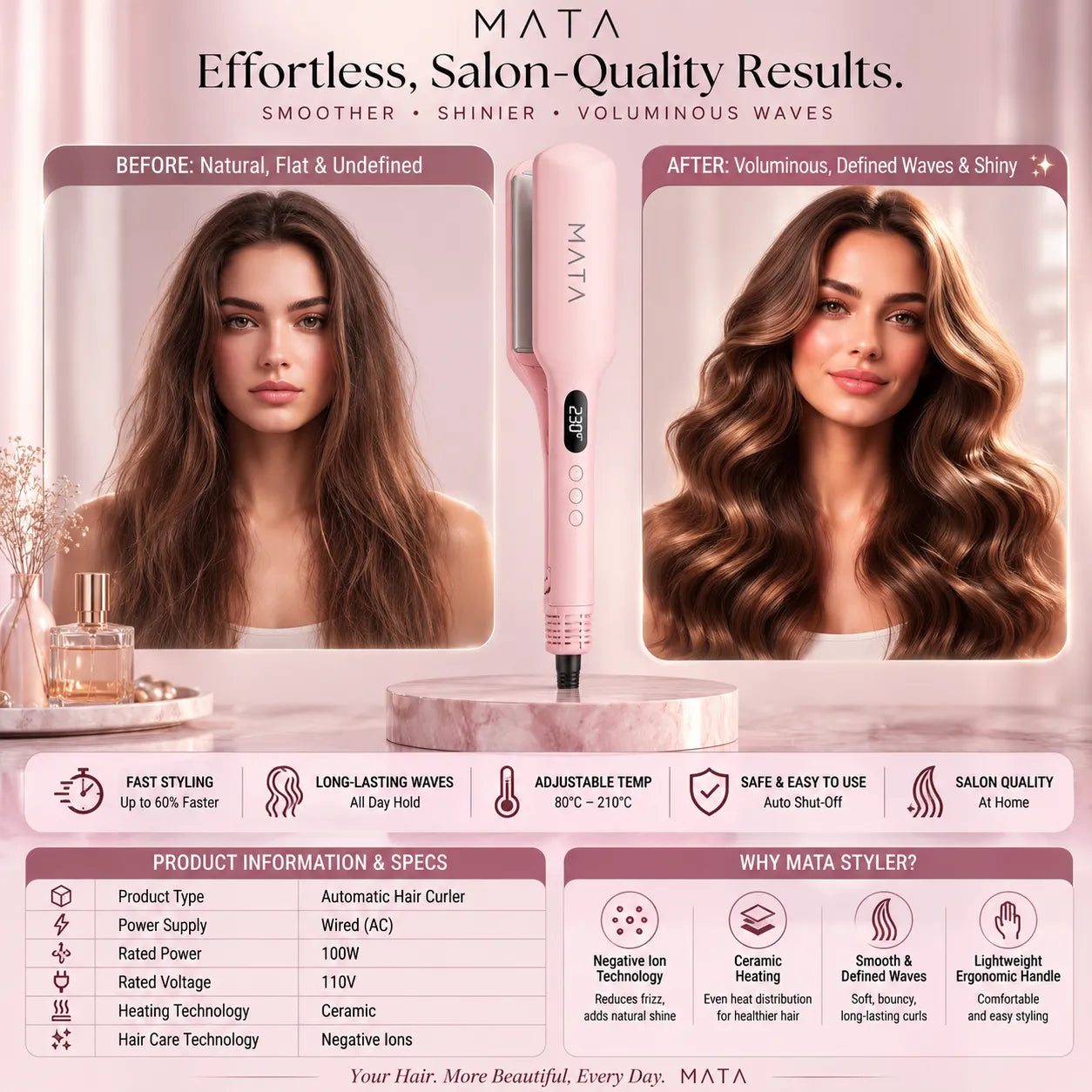 MATA Automatic Negative Ion Hair Curler | Ceramic Curling Iron for Long-Lasting Waves & Curls