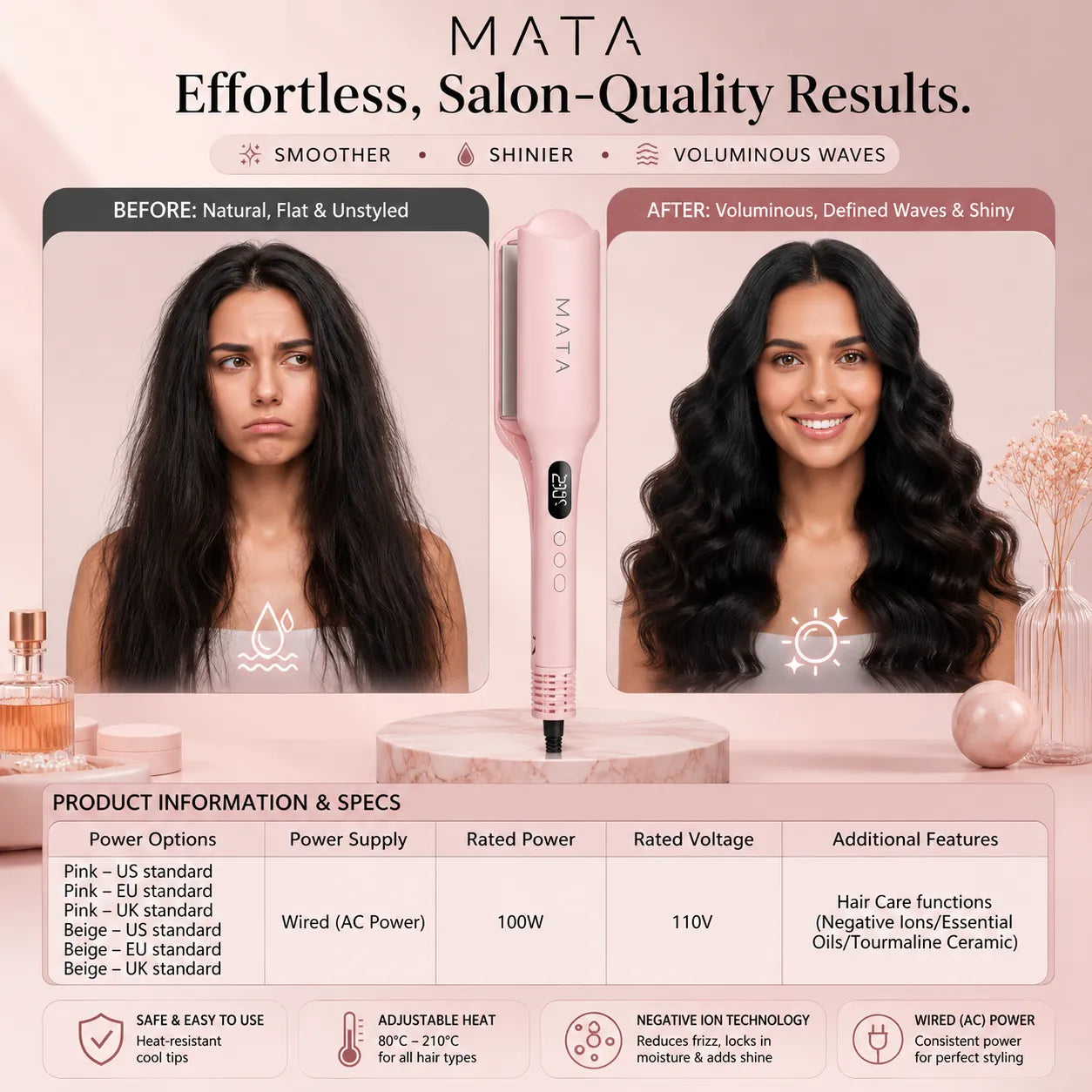 MATA Automatic Negative Ion Hair Curler | Ceramic Curling Iron for Long-Lasting Waves & Curls