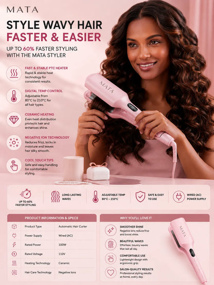 MATA Automatic Negative Ion Hair Curler | Ceramic Curling Iron for Long-Lasting Waves & Curls