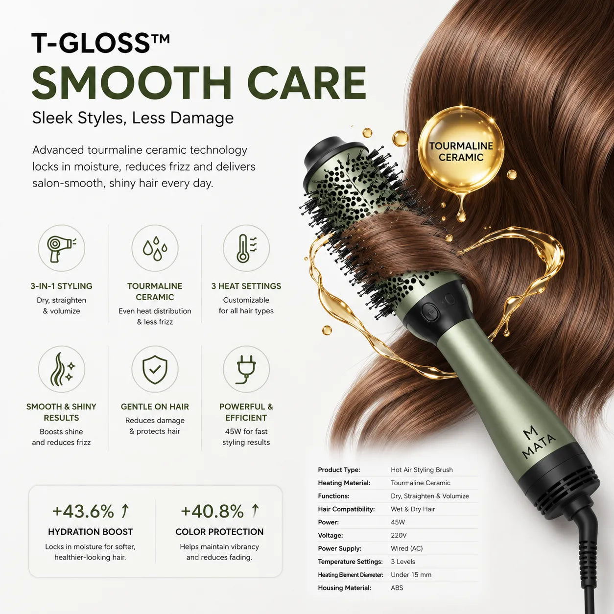 MATA Tourmaline Ceramic Hot Air Styling Brush | Hair Straightener & Volumizing Brush for Wet & Dry Hair