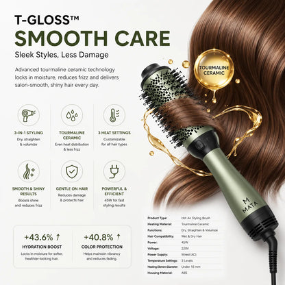 MATA Tourmaline Ceramic Hot Air Styling Brush | Hair Straightener & Volumizing Brush for Wet & Dry Hair