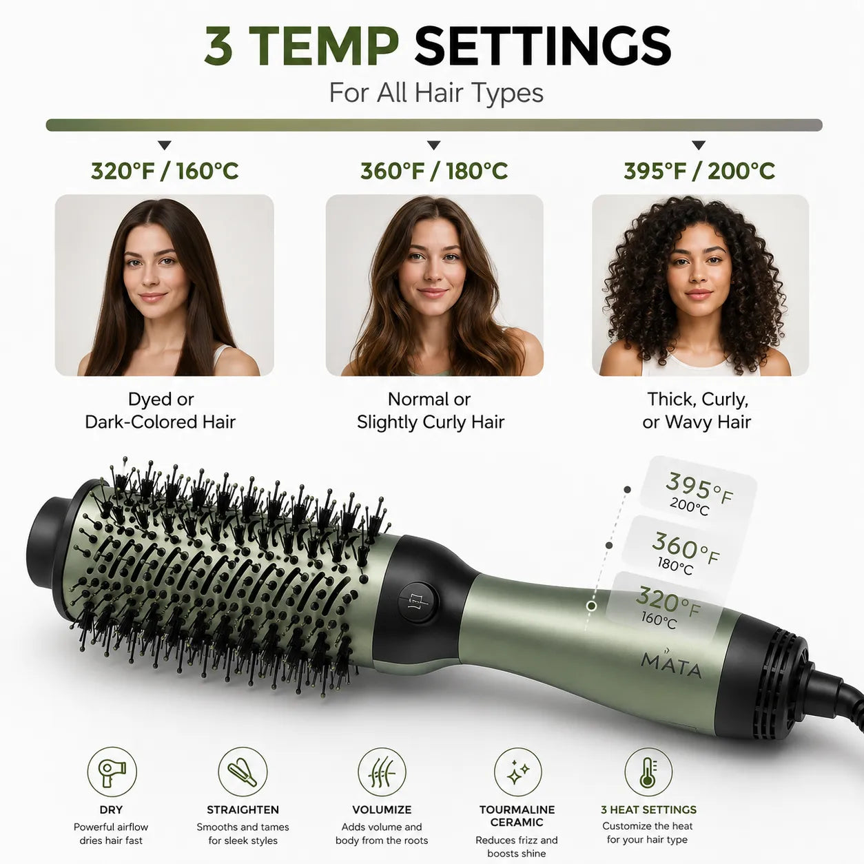 MATA Tourmaline Ceramic Hot Air Styling Brush | Hair Straightener & Volumizing Brush for Wet & Dry Hair