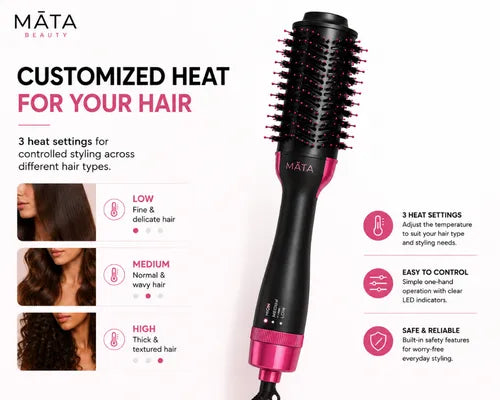 MATA hot air brush with customized heat settings for hair styling