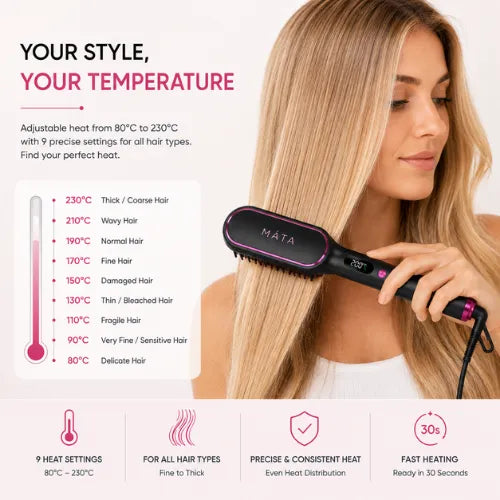 MATA Ionic Hair Straightening Brush adjustable heat settings from 80°C to 230°C