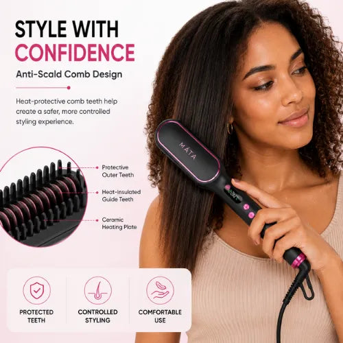 Woman styling hair with MATA Ionic Hair Straightening Brush